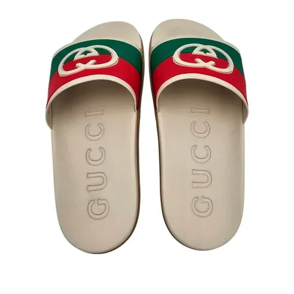 Gucci GG Slide Flat Pool Sandal White Red Green Web Stripe Rubber Size 40 US 10 - Picture 5 of 11
